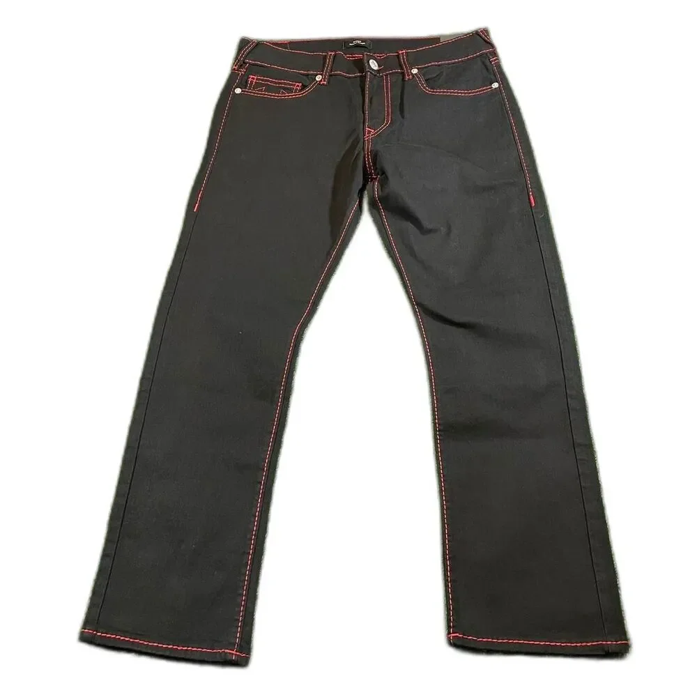True Religion Ricky Relaxed straight leg Y2K mega stitch black red jeans 34x30